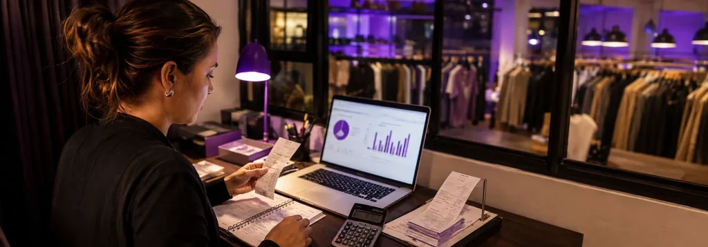 Gestora organizando o financeiro de uma loja de roupas
